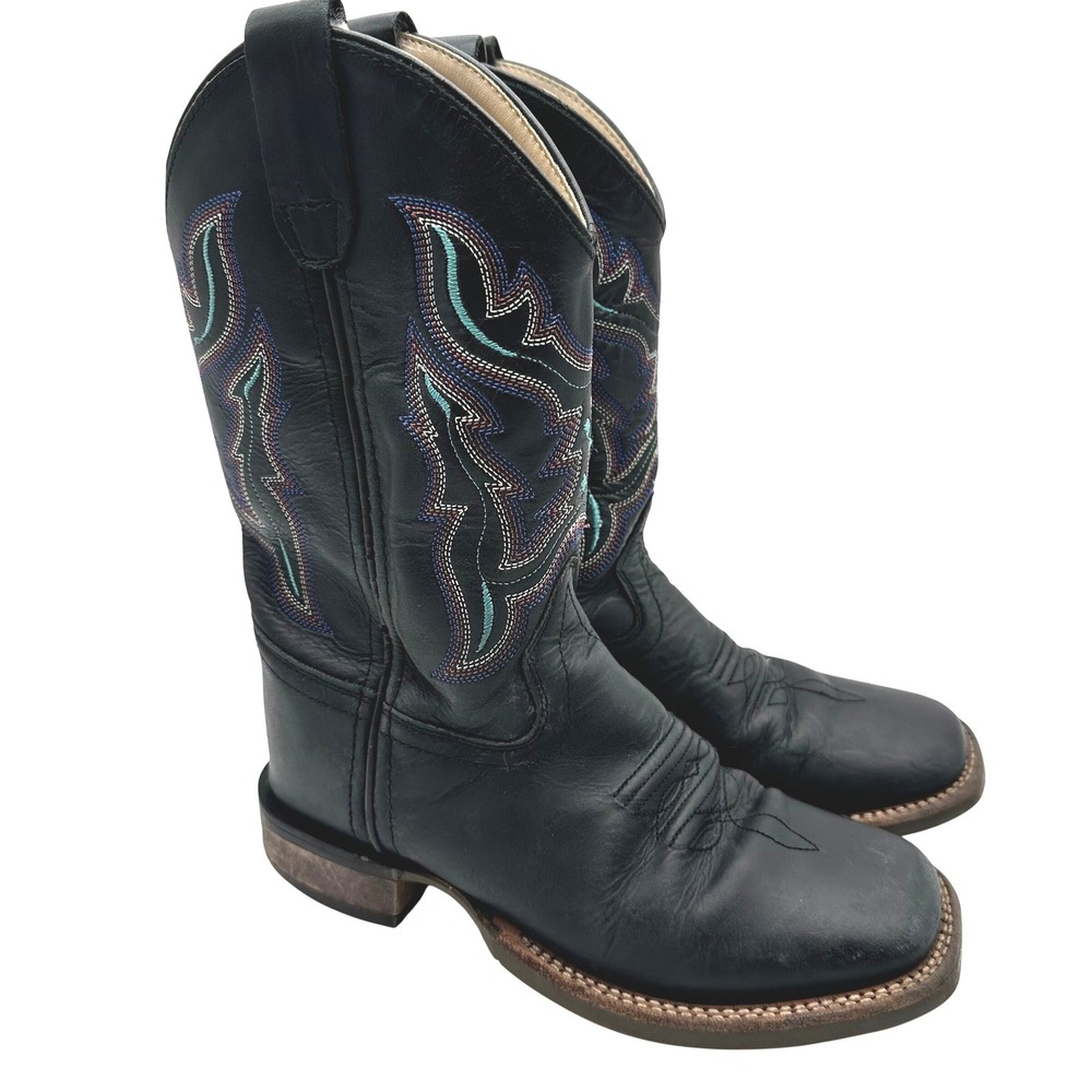 Old West Kids Black Leather Square Western Cowboy Boots Multi Color Stitch 2.0 D